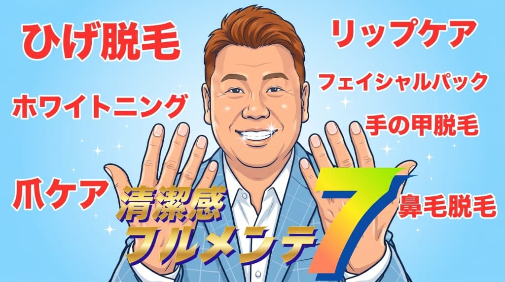 清潔感フルメンテ7:ひげ脱毛・ホワイトニング・フェイシャルパック・リップケア・手の甲脱毛・爪ケア・鼻毛脱毛をイメージした図版